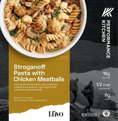 STRONGANOFF PASTA WITH CHICKEN MEATBALLS WITH WHOLE WHEAT ROTINI, AND CAULIFLOWER, COOKED IN AVOCADO OIL, AND TOPPED WITH PARMESAN AND MOZZARELLA, STRONGANOFF PASTA WITH CHICKEN MEATBALLS