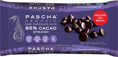 PASCHA'S ORGANIC 85% CACAO BITTER-SWEET DARK CHOCOLATE CHIPS, 8.8 OZ