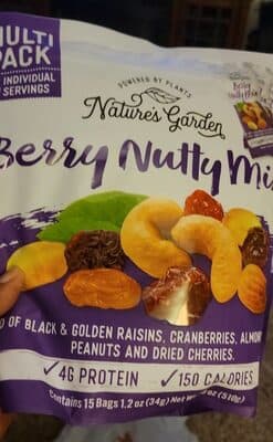 BERRY NUTTY MIX A BLEND OF BLACK & GOLDEN RAISINS, CRANBERRIES, ALMONDS, CASHEWS, PEANUTS AND DRIED CHERRIES, BERRY NUTTY
