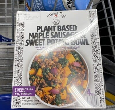 MAPLE SAUSAGE & SWEET POTATO BOWL PLANT BASED SWEET POTATOES, SPINACH, PLANT BASED MAPLE SAUSAGE AND RED ONIONS TOSSED IN A MAPLE SYRUP GLAZE BOWL., MAPLE SAUSAGE & SWEET POTATO