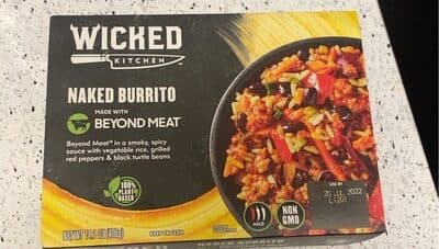 NAKED BURRITO IN A SMOKY, SPICY SAUCE WITH VEGETABLE RICE, GRILLED RED PEPPERS & BLACK TURTLE BEANS, NAKED