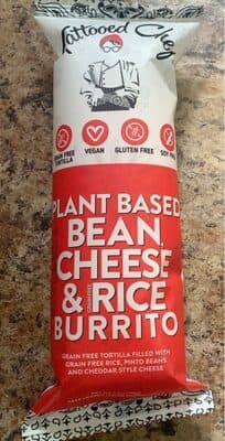 BEAN, CHEESE & RICE GRAIN FREE TORTILLA FILLED WITH GRAIN FREE RICE, PINTO BEANS AND CHEDDAR STYLE CHEESE PLANT BASED BURRITO, BEAN, CHEESE & RICE