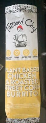 CHICKEN & ROASTED STREET CORN GRAIN FREE TORTILLA FILLED WITH PLANT BASED CHICKEN, ROASTED CORN, CHEDDAR & COTIJA STYLE CHEESES AND A VEGAN CHILI LIME CREMA PLANT BASED BURRITO, CHICKEN & ROASTED STREET CORN