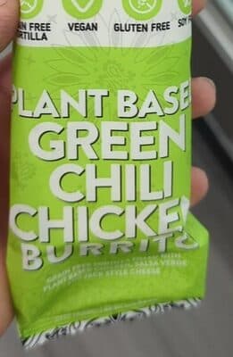 PLANT BASED GREEN CHILI CHICKEN GRAIN FREE TORTILLA FILLED WITH PLANT BASED CHICKEN, SALSA VERDE AND JACK STYLE CHEESE BURRITO, PLANT BASED GREEN CHILI CHICKEN