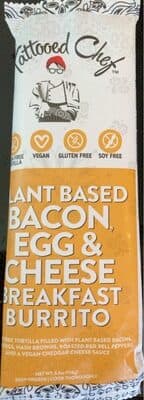 BACON, EGG & CHEESE BREAKFAST GRAIN FREE TORTILLA FILLED WITH PLANT BASED BACON, VEGAN EGGS, HASH BROWNS, ROASTED RED BELL PEPPERS AND A VEGAN CHEDDAR CHEESE SAUCE PLANT BASED BURRITO, BACON, EGG & CHEESE BREAKFAST