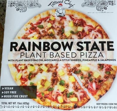 RAINBOW STATE WITH PLANT BASED BACON, MOZZARELLA STYLE SHREDS, PINEAPPLE & JALAPENOS PLANT BASED PIZZA, RAINBOW STATE