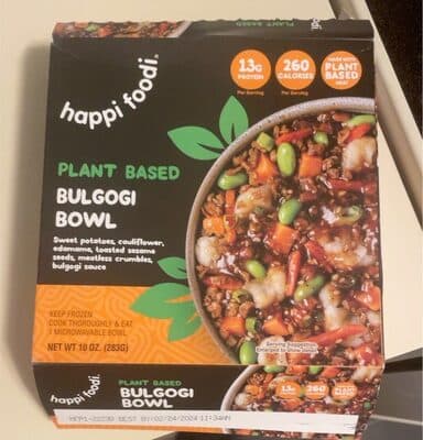 BULGOGI SWEET POTATOES, CAULIFLOWER, EDAMAME, TOASTED SESAME SEEDS, MEATLESS CRUMBLES, BULGOGI SAUCE PLANT BASED BOWL, BULGOGI