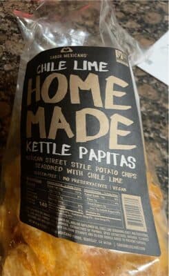 CHILE LIME HOME MADE KETTLE PAPITAS MEXICAN STREET STYLE POTATO CHIPS SEASONED WITH CHILE LIME, CHILE LIME