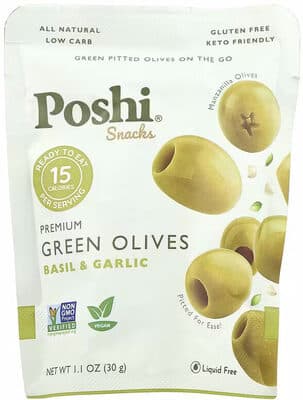 BASIL & GARLIC NATURAL GREEN PITTED OLIVES, BASIL & GARLIC