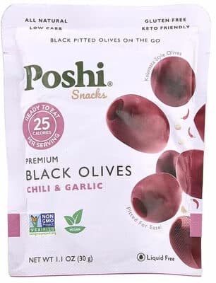 CHILI & GARLIC RIPE BLACK PITTED OLIVES, CHILI & GARLIC