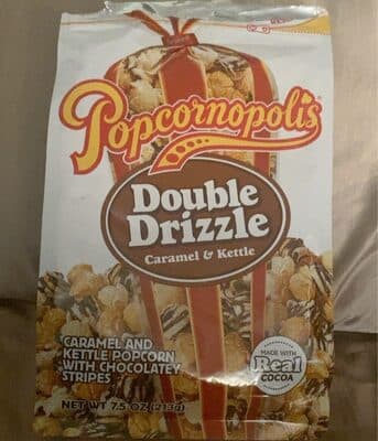 DOUBLE DRIZZLE CARAMEL AND KETTLE POPCORN WITH CHOCOLATEY STRIPES, DOUBLE DRIZZLE