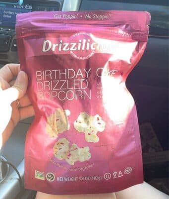 BIRTHDAY CAKE DRIZZLED POPCORN LIGHT & FLUFFY WHITE DRIZZLED KETTLE CORN WITH RAINBOW CRYSTALS!, BIRTHDAY CAKE