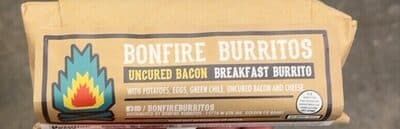 UNCURED BACON WITH POTATOES, EGGS GREEN CHILE AND CHEESE BREAKFAST BURRITO, UNCURED BACON