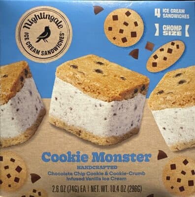 COOKIE MONSTER COOKIES & CREAM ICE CREAM, CHOCOLATE CHIP COOKIE ICE CREAM SANDWICHES, COOKIE