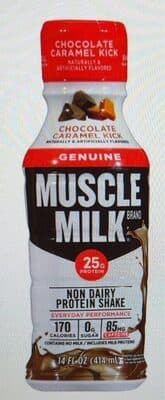 MUSCLE MILK, GENUINE NON DAIRY PROTEIN SHAKE, CHOCOLATE CARAMEL KICK