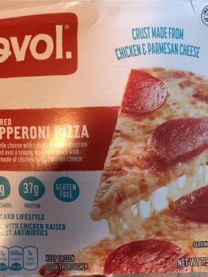 UNCURED PEPPERONI MOZZARELLA CHEESE WITH SPICY UNCURED PEPPERONI SPRINKLED OVER A TOMATO MARINARA SAUCE WITH A CRUST MADE OF CHICKEN AND PARMESAN CHEESE PIZZA, UNCURED PEPPERONI