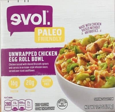 UNWRAPPED CHICKEN TOSSED WITH SHAVED BRUSSELS SPROUTS AND CARROTS IN AN ASIAN-STYLE INFUSION SAUCE, SERVED OVER RICED CAULIFLOWER EGG ROLL BOWL, UNWRAPPED CHICKEN